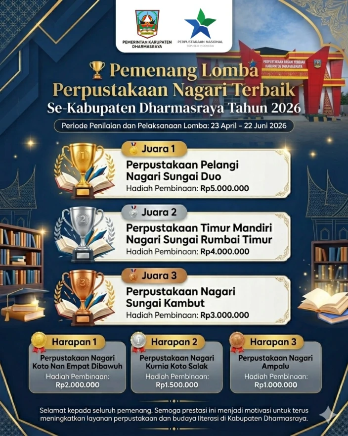 Perpustakaan Timur Mandiri Nagari Sungai Rumbai Timur meraih Juara 2 Lomba Perpustakaan Tingkat Kabupaten Dharmasraya Tahun 2026